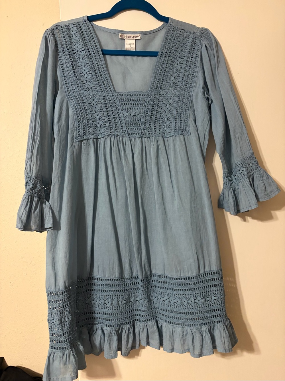 Sky Blue Crochet-Detail Boho Long Sleeve Dress